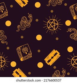 decoration skull and light abstract seamless pattern random light yellow object wallpaper with design dark purple background.