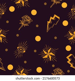 decoration skull and light abstract seamless pattern random light yellow object wallpaper with design dark purple background.
