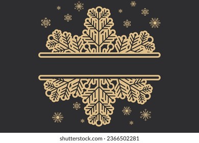 Decoration snowflake frame, golden monogram for text, cutout, line isolated on background. Christmas holidays, winter symbol, greeting. 
