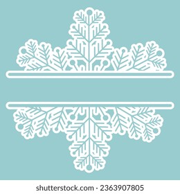 Marco de copo de nieve de decoración, monograma para texto, corte, línea aislada en el fondo. Navidad, símbolo de invierno, saludo. 