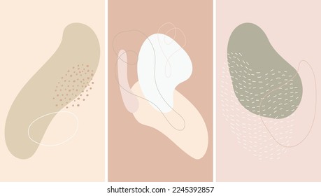 Decoration of soft-toned colored set vector illustrations. Minimalistic patterns with muted elegant abstract lines and various shapes hand drawn.