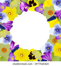 decoration of spring flowers in a circle on a white background