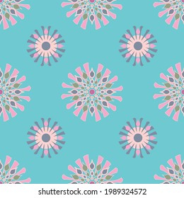 Decoración de forma de arranque de forma vector patrón de repetición en rosa y púrpura en un fondo azul cielo
