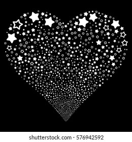 Decoration Stars fireworks with heart shape. Vector illustration style is flat white iconic symbols on a black background. Object stream done from scattered pictographs.