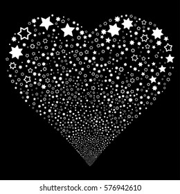 Decoration Stars fireworks with heart shape. Vector illustration style is flat white iconic symbols on a black background. Object heart organized from confetti design elements.