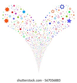 Decoration Stars fireworks stream. Vector illustration style is flat bright multicolored iconic symbols on a white background. Object double fountain organized from random icons.