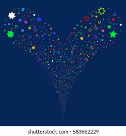 Decoration Stars fireworks stream. Vector illustration style is flat bright multicolored iconic symbols on a blue background. Object double fountain created from random design elements.