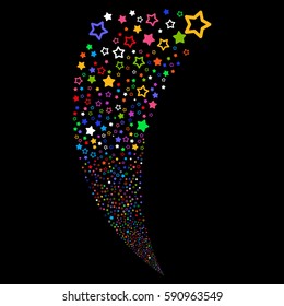 Decoration Stars random fireworks stream. Vector illustration style is flat bright multicolored iconic symbols on a black background. Object fountain done from scattered icons.