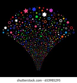Decoration Stars salute stream. Vector illustration style is flat bright multicolored iconic symbols on a black background. Object stream fountain combined from random pictographs.