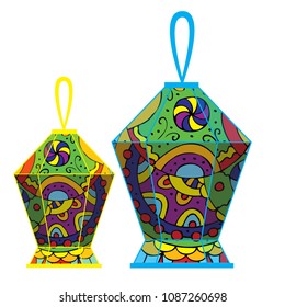 Decoration for the street and home for the Ramadan holiday. Flashlights made of fabric and glass. Muslim Eastern traditions, Arab countries. Set 1
