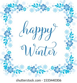 Decoration style of blue leaf flower frame, for card happy winter. Vector