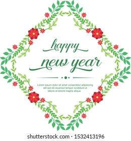 Decoration template happy new year, with elegant green leaf floral frame. Vector