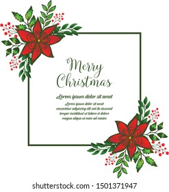 Decoration of text merry christmas, with art of leaves and red flower frame. Vector