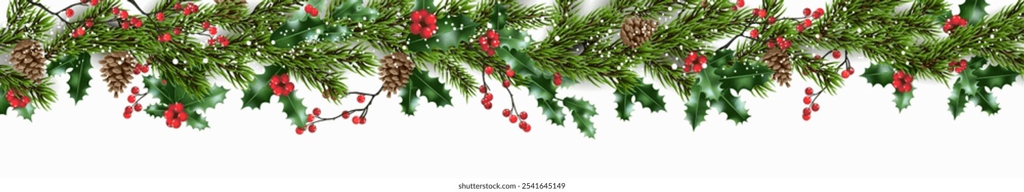 The decoration of the top is made of evergreen pine plants, holly with cones and berries. Traditional winter Christmas or New Year decoration