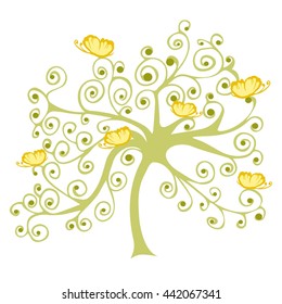 Decoration tree with yellow butterflies. Vector tree with butterflies Butterflies on tree vector illustration.