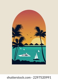 Decoration of tropical beach and boats on sunset. Vector illustration