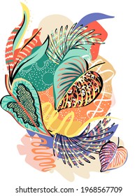 Decoration with tropical leaves and minimalist organic shapes for print. Hand drawing floral design for textiles and decoration