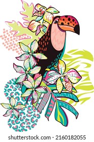 Decoration with tropical leaves and minimalist organic shapes, from a drawing of a fun toucan, ready to print. Hand drawing floral design for textile and decoration.