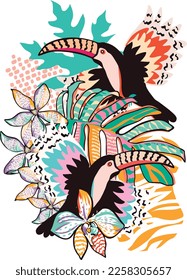 Decoration with tropical leaves and minimalist organic shapes, from a drawing of a fun toucan, ready to print. Hand drawing floral design for textile and decoration.