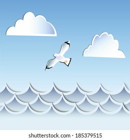decoration of the waves of clouds and seagulls