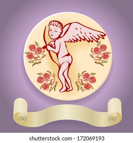 Decoration for wedding design, or Valentine's Day or to confess in love with roses, angel and place for the text in the form of a scroll