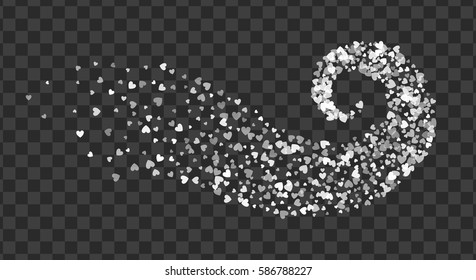Decoration of white hearts twisted in vortex. Transparent design element for festive banner, greeting card, postcard, wedding invitation, Valentines day and save the date card. Vector illustration.