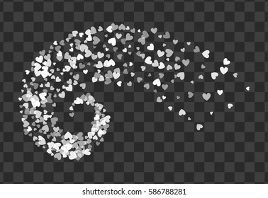 Decoration of white hearts twisted in vortex. Transparent design element for festive banner, greeting card, postcard, wedding invitation, Valentines day and save the date card. Vector illustration.