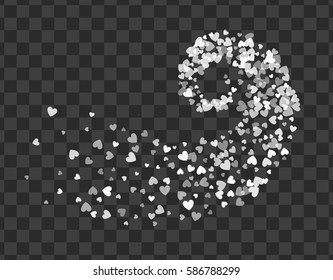 Decoration of white hearts twisted in vortex. Transparent design element for festive banner, greeting card, postcard, wedding invitation, Valentines day and save the date card. Vector illustration.