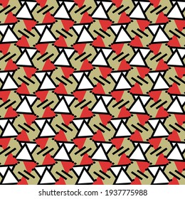 Decoration with white and red triangles, short parallel lines and dots, on a gray background. Textile pattern.