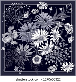 Decoration with wildflowers in frame. Scarf or pillow for the interior. Flower pattern. Bouquet of chamomile, iris, aster, herbs and berries. Black and white. Vector floral illustration. Vintage.