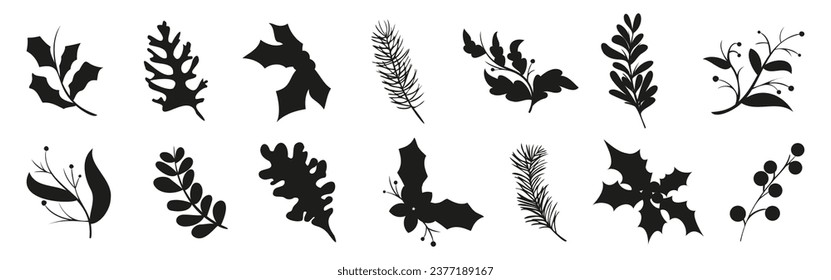 Decoration winter holiday tree branch silhouette. Christmas tree branch silhouette. Tree branch black icons
