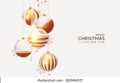 Decoration Xmas Realistic balls bauble hanging on ribbon chain. Merry Christmas and Happy New Year. Background with festive 3d golden balls. Falling Tinsel glitter gold confetti. vector illustration