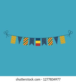 Decorations bunting flags for Romania national day holiday in flat design. Independence day or National day holiday concept.