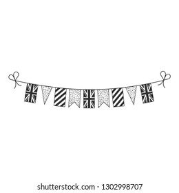 Decorations bunting flags for United Kingdom national day holiday in black outline flat design. Independence day or National day holiday concept.