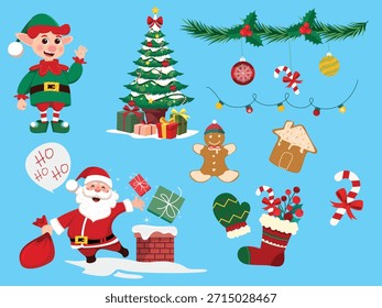 Decorations for christmas 2025 . Santa christmas elements. Xmas tree with new year decoration items, classy vector illustration