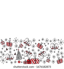 Decorations of christmas elements in black and red. Christmas tree, gloves, snowflake, christmas ball, presents. Unique design for your greeting cards, banners, flyers. Vector stock illustrations