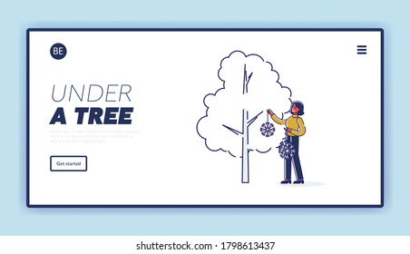 Decorations for Christmas and new year celebration in garden and outdoors landing page template. Cartoon woman putting handmade snowflakes on trees for holiday. Linear vector illustration