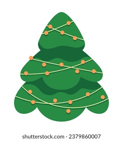Decorations Christmas tree 2D cartoon object. Garland string xmas fir tree isolated vector item white background. Adorned evergreen coniferous winter festive pine color flat spot illustration