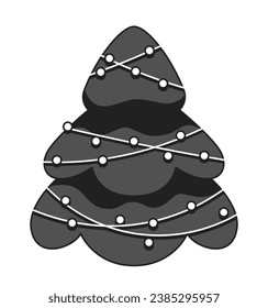 Decorations Christmas tree black and white 2D cartoon object. Garland string xmas fir tree isolated vector outline item. Adorned evergreen winter festive pine monochromatic flat spot illustration