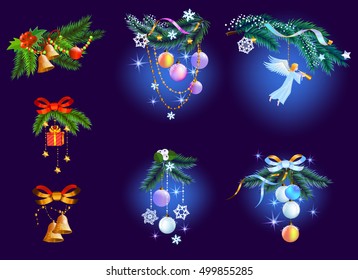 Decorations Christmas tree branches, new year and christmas set.