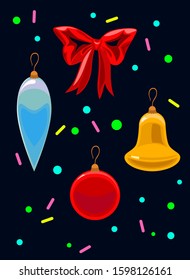 Decorations for the Christmas tree in the form of glass balls and a bow with confetti