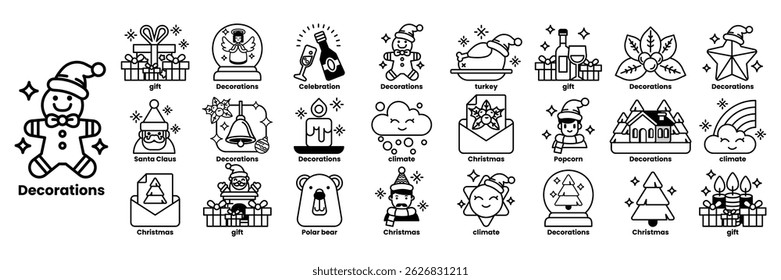 Decorations are a collection of various Christmas themed icons, including a gingerbread man, a snowman, and a Christmas tree in line drawing style