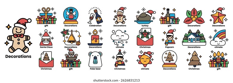 Decorations are a collection of various Christmas themed icons, including a gingerbread man, a snowman, and a Christmas tree