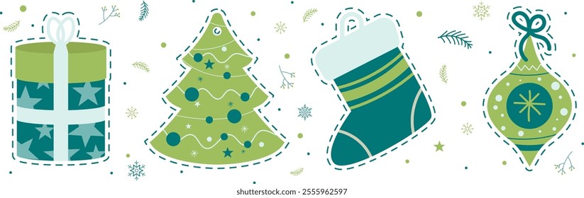 Decorations to cut out to decorate a Christmas tree - Decorative subjects in green tones for the end of year celebrations - Manual activity, cutting out illustrated elements to decorate the house