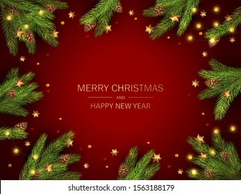 Decorations with fir tree branches, pine cones, Christmas lights and golden stars on red background. Illustration can be used for holiday design, cards, invitations, postcards and banners.