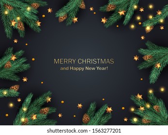 Decorations with fir tree branches, pine cones, Christmas lights and golden stars on black background. Illustration can be used for holiday design, cards, invitations, postcards and banners.