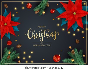 Decorations with flowers of red poinsettia, Christmas lights, balls, fir tree branches and pine cones on dark background. Illustration can be used for holiday design, cards, invitations and banners.