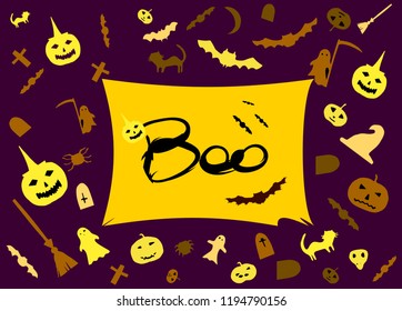 Decorations for Halloween party. Handmade paper decor. Festive greeting card, poster, banner design. Spider web, pumpkin, bat, cats, ghosts and spiders on dark background.