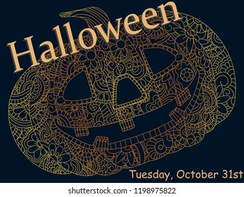 decorations and holidays, announcements. Antistress coloring for adults. Color orange shades. Pumpkin Head, Patterned Halloween, Tradition vector
