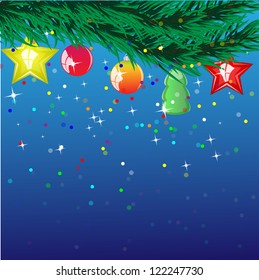 ?ollection of ?hristmas decorations on a branch on a blue background with serpentine
